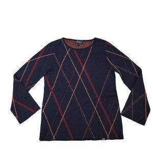 Luisa Spagnoli Pure New Wool Argyle Sweater M Navy/Red/Orange Made In Italy